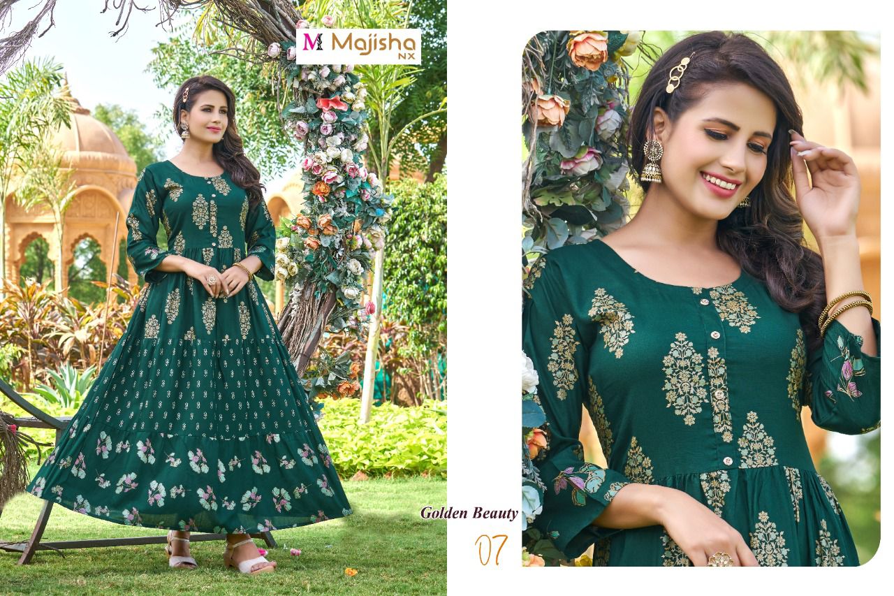 Majisha Nx Golden Beauty Ethnic Wear Rayon Long Anarkali Kurti Collection